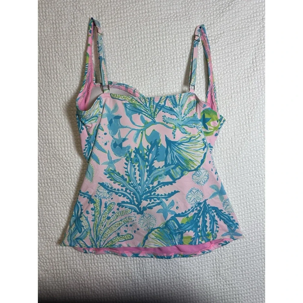 Lilly Pulitzer Womens Swim Tankini Top Size 10 Pink Blue Floral Ruched Cups
